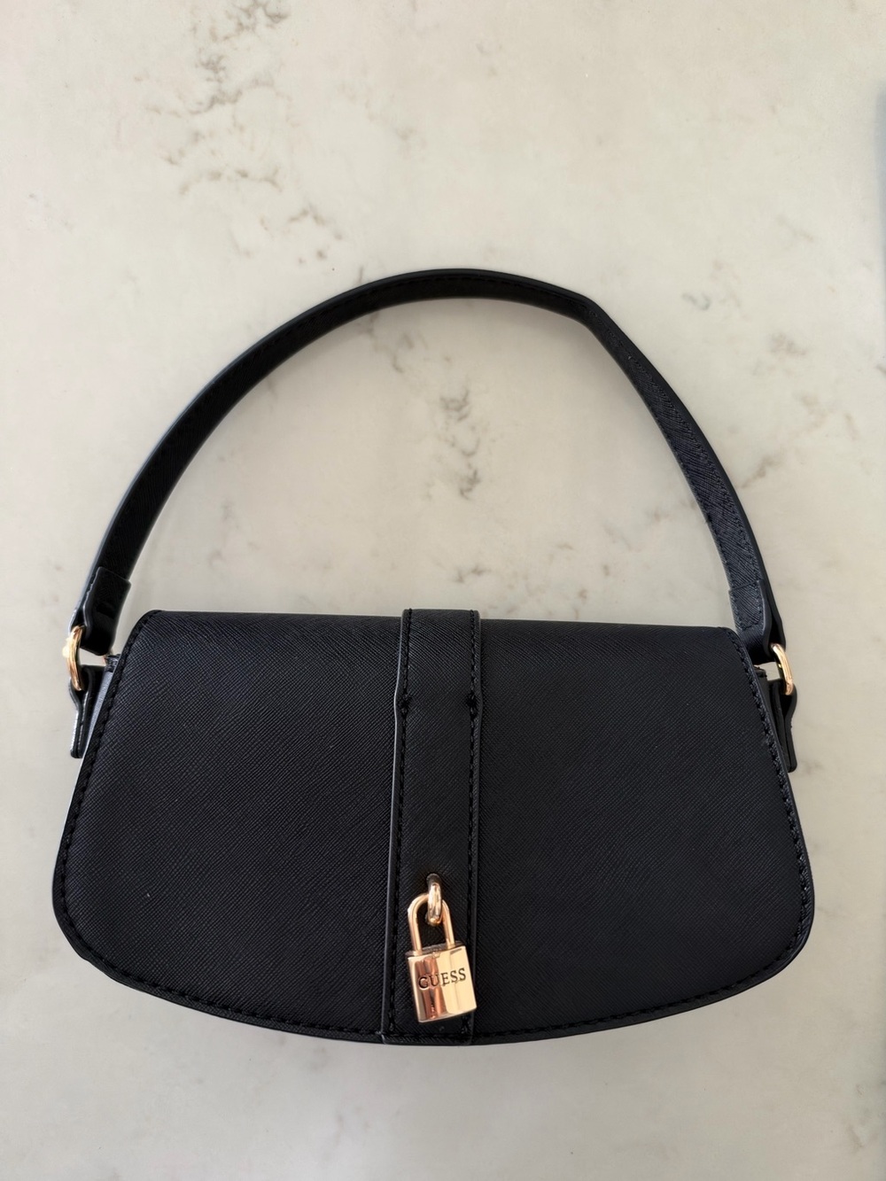 GUESS Black Saffiano Baguette Shoulder Bag with Gold Padlock Charm